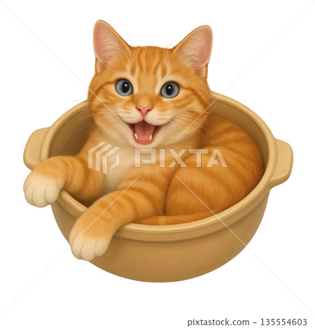 一隻棕色虎斑貓在花盆裡的插圖——一隻友善的貓咪形象 135554603