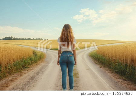 A person contemplating choices at a fork in the road 135554623