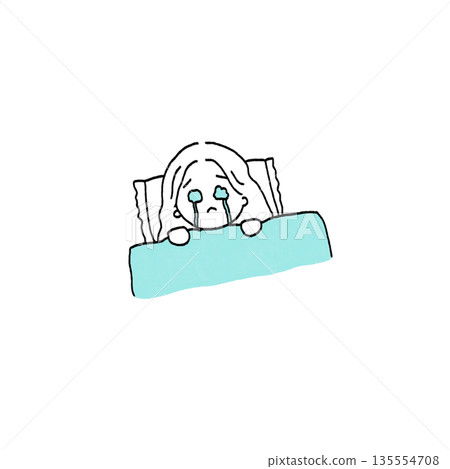 一個女孩在她的被褥裡哭泣 135554708