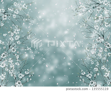 櫻花和飄落的花瓣作為背景素材，色調為藍綠色。 135555119