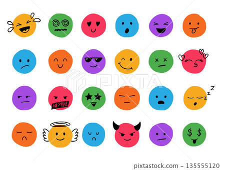 Colorful doodle emoji icons. Hand-drawn emoticons with funny, surprised, angry and cheerful expressions. Simple characters with various expressions and moods. Freehand smiley faces.Vector illustration 135555120