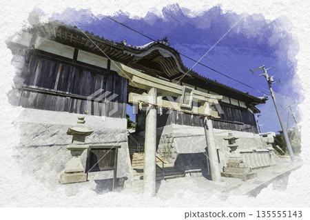 兵庫縣淡路市岩屋神社鳥居及守門人的水彩畫 135555143