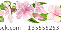 Cherry blossom floral border, seamless horizontal layout, hand-painted style with sakura flowers and leaves, repeating pattern for spring branding, packaging, stationery, wedding decor, textile use 135555253