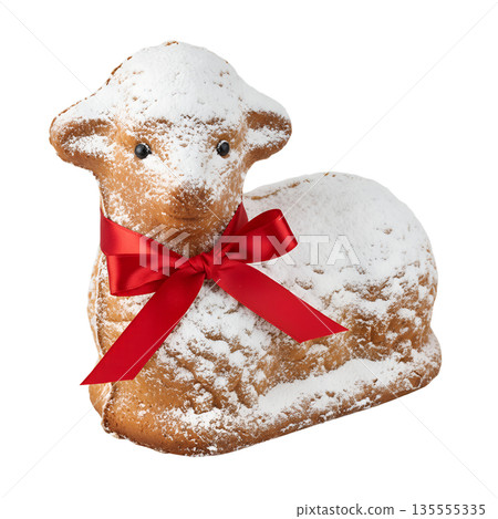 Traditional easter lamb cake lammkuchen dusted with powdered sugar and adorned with a festive red ribbon, isolated. Symbol of spring and celebration 135555335