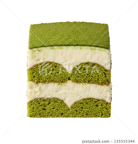 Decadent slice of layered matcha green tea cake with creamy frosting, perfectly isolated. Ideal for modern bakeries, cafes, and dessert blogs Decadent slice of layered matcha green tea cake with creamy frosting, perfectly isolated. Ideal for modern bakeries, cafes, and dessert blogs 135555344