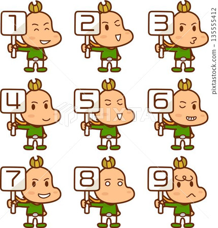一組插圖,描繪了幾個男孩拿著1到9的數位卡片(標誌)。 一組插圖,描繪了幾個男孩拿著1到9的數位卡片(標誌)。 135555412