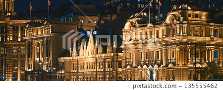 Shanghai Colonial Architecture Night Illumination Golden Historic Buildings Shanghai Colonial Architecture Night Illumination Golden Historic Buildings 135555462