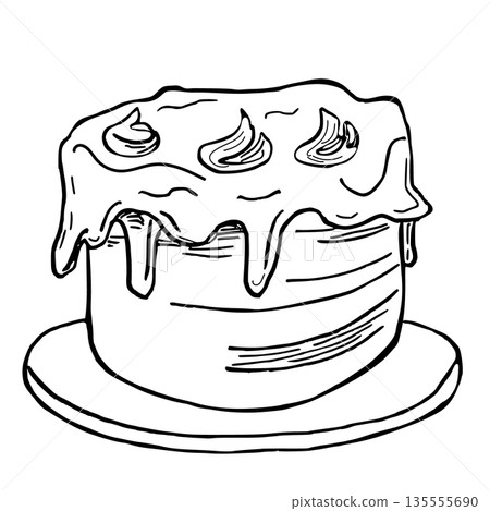 A cream cake on a stand. Vector illustration of a sweet treat in a sketch style for book design, coloring books, children's interiors, holiday cards, and printing on fabric and clothing A cream cake on a stand. Vector illustration of a sweet treat in a sketch style for book design, coloring books, children's interiors, holiday cards, and printing on fabric and clothing 135555690