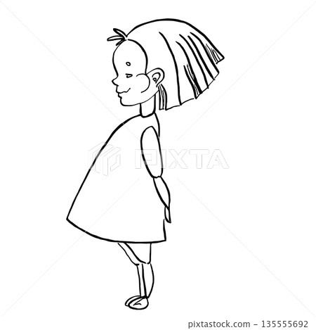 Little girl side view. Vector illustration of a child in sketch style for book design, coloring books, children's interiors, and printing on fabric and clothing. 135555692