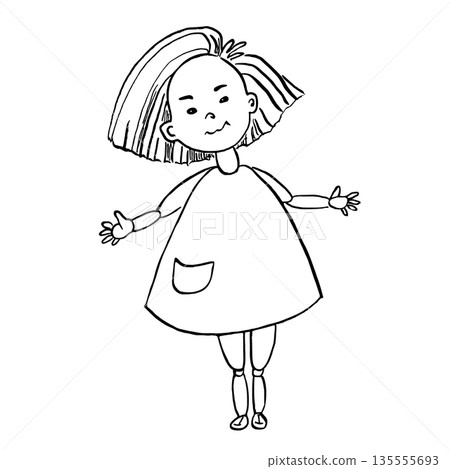 A funny girl in a dress with her arms outstretched. Vector illustration of a child in a sketch style for book design, coloring books, children's interiors, and printing on fabric and clothing. A funny girl in a dress with her arms outstretched. Vector illustration of a child in a sketch style for book design, coloring books, children's interiors, and printing on fabric and clothing. 135555693