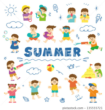 夏季兒童插畫套裝,暑假,海邊玩耍 夏季兒童插畫套裝,暑假,海邊玩耍 135555721