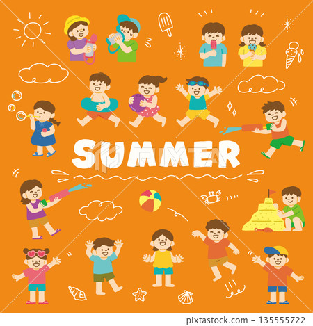 暑假兒童插畫集 夏日海洋手繪圖標 135555722