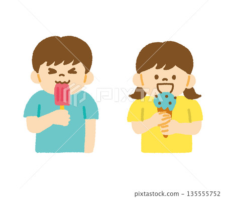 Summer children eating ice cream hand-drawn illustration 135555752