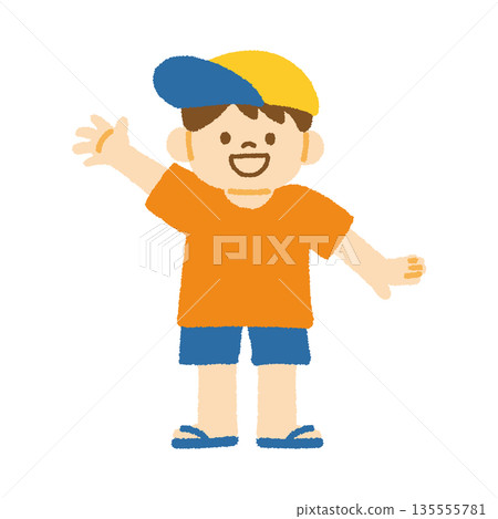 身著夏裝的男孩舉手微笑插圖 身著夏裝的男孩舉手微笑插圖 135555781