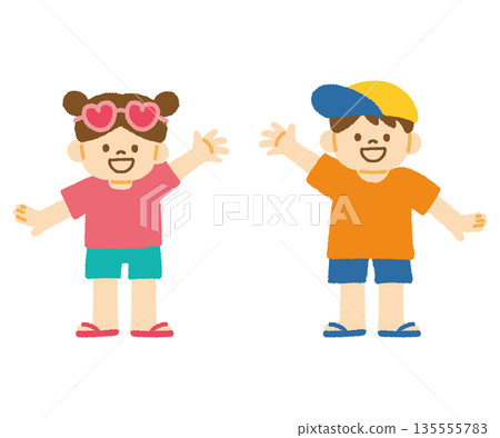 Summer children's summer fashion raising hands smiling men and women illustration Summer children's summer fashion raising hands smiling men and women illustration 135555783