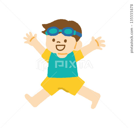 海洋男孩泳鏡防曬泳衣兒童插畫 135555878