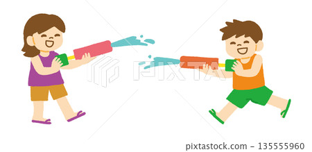 Summer vacation illustration of a boy and girl playing with a water gun 135555960