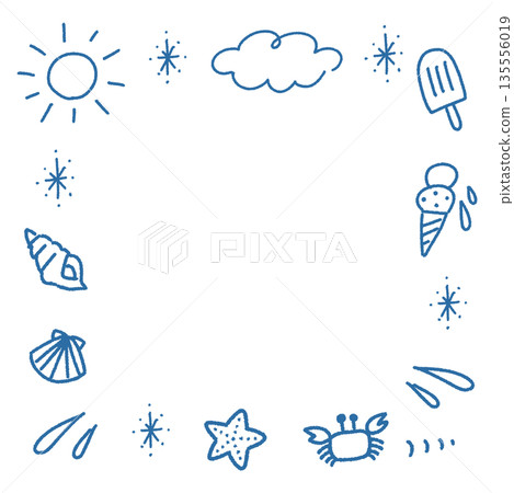 夏季手繪線條插畫,方形邊框,太陽、雲朵、貝殼、冰淇淋 夏季手繪線條插畫,方形邊框,太陽、雲朵、貝殼、冰淇淋 135556019