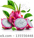 Fresh dragon fruit whole and slices splash. 135556448