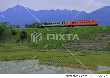 Koumi Line Kiha 110 series diesel railcar (reproduction color) climbing a steep slope with the majestic Southern Alps in the background_Photo taken on May 28, 2016 135556574