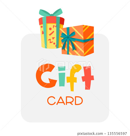 Gift card or coupon. Colorful presents gift boxes for celebration, discounts or promotions. 135556597