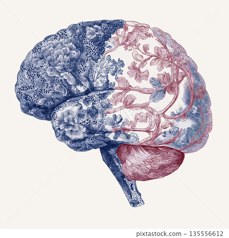 Patterned brain illustrating creative thought and complex mind. Human brain with intricate floral patterns blending blue and red against a white background Patterned brain illustrating creative thought and complex mind. Human brain with intricate floral patterns blending blue and red against a white background 135556612