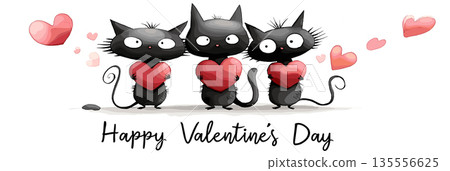 Three black cats holding hearts celebrating Valentine's Day. Three cartoon black cats holding red hearts with floating additional hearts against a white background Three black cats holding hearts celebrating Valentine's Day. Three cartoon black cats holding red hearts with floating additional hearts against a white background 135556625