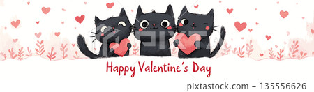 Three black cats holding hearts celebrating Valentine's Day. Three cartoon black cats holding red hearts with floating additional hearts against a white background Three black cats holding hearts celebrating Valentine's Day. Three cartoon black cats holding red hearts with floating additional hearts against a white background 135556626
