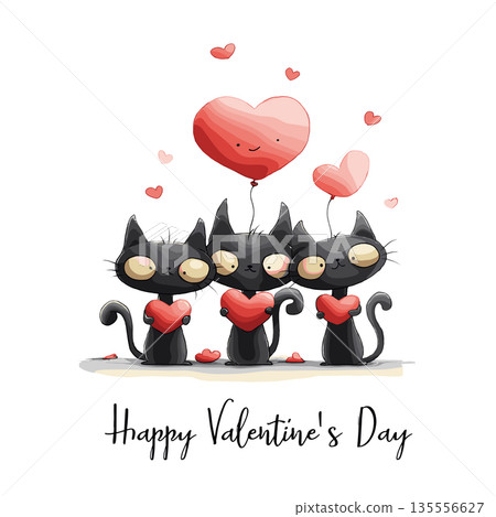 Three black cats holding hearts celebrating Valentine's Day. Three cartoon black cats holding red hearts with floating additional hearts against a white background Three black cats holding hearts celebrating Valentine's Day. Three cartoon black cats holding red hearts with floating additional hearts against a white background 135556627