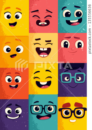 Cartoon faces showing emotions and different personalities. Cheerful cartoon faces on a colorful background expressing various emotions and concepts Cartoon faces showing emotions and different personalities. Cheerful cartoon faces on a colorful background expressing various emotions and concepts 135556636