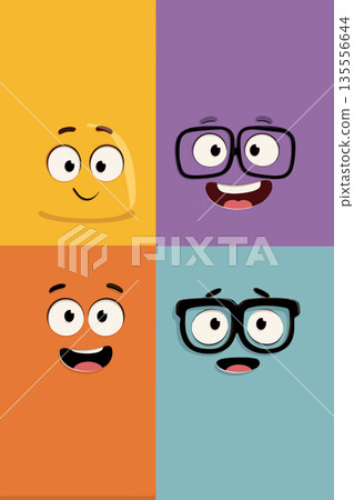 Cartoon faces showing emotions and different personalities. Cheerful cartoon faces on a colorful background expressing various emotions and concepts Cartoon faces showing emotions and different personalities. Cheerful cartoon faces on a colorful background expressing various emotions and concepts 135556644