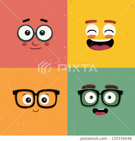 Cartoon faces showing emotions and different personalities. Cheerful cartoon faces on a colorful background expressing various emotions and concepts Cartoon faces showing emotions and different personalities. Cheerful cartoon faces on a colorful background expressing various emotions and concepts 135556646