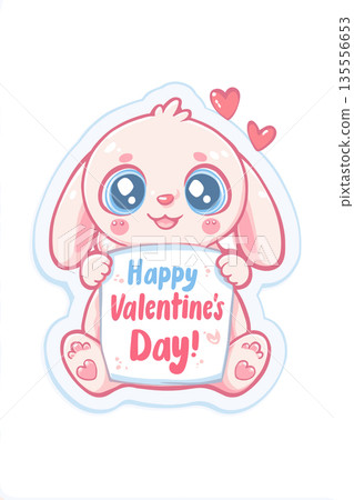 Cute big-eyed animal delivering Happy Valentine's Day message. Cute cartoon animal holding a pink sign for Valentine's Day celebration Cute big-eyed animal delivering Happy Valentine's Day message. Cute cartoon animal holding a pink sign for Valentine's Day celebration 135556653