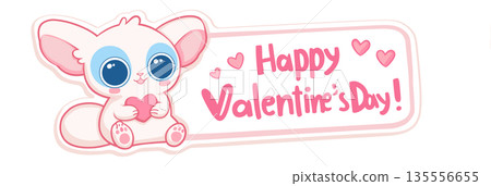 Cute big-eyed animal delivering Happy Valentine's Day message. Cute cartoon animal holding a pink sign for Valentine's Day celebration 135556655