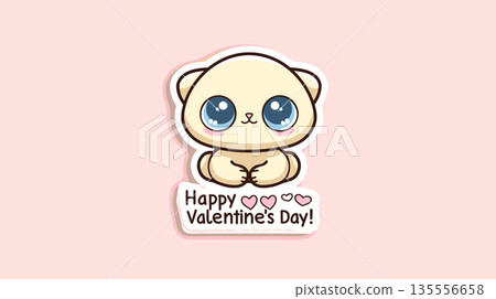 Cute big-eyed animal delivering Happy Valentine's Day message. Cute cartoon animal holding a pink sign for Valentine's Day celebration 135556658