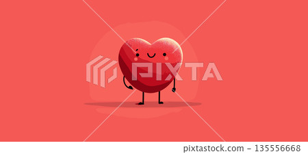 Cute cartoon heart character celebrating Valentine's Day. Happy cartoon heart character standing on pink background with small heart above its head 135556668