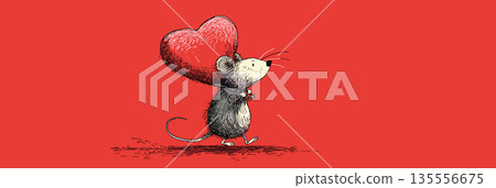 Cute gray rat carrying red heart running. Cartoon gray rat running with a large red heart on a solid red background Cute gray rat carrying red heart running. Cartoon gray rat running with a large red heart on a solid red background 135556675