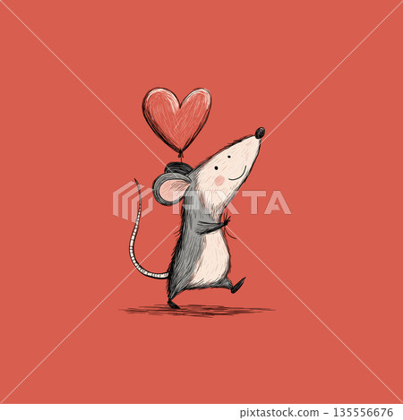 Cute gray rat carrying red heart running. Cartoon gray rat running with a large red heart on a solid red background Cute gray rat carrying red heart running. Cartoon gray rat running with a large red heart on a solid red background 135556676