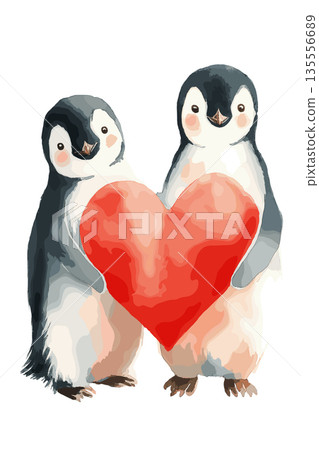 Cute penguins holding a red heart on white. Two watercolor penguins sharing a big red heart, symbolizing love and togetherness Cute penguins holding a red heart on white. Two watercolor penguins sharing a big red heart, symbolizing love and togetherness 135556689