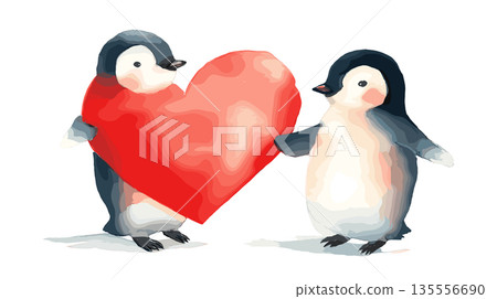 Cute penguins holding a red heart on white. Two watercolor penguins sharing a big red heart, symbolizing love and togetherness Cute penguins holding a red heart on white. Two watercolor penguins sharing a big red heart, symbolizing love and togetherness 135556690