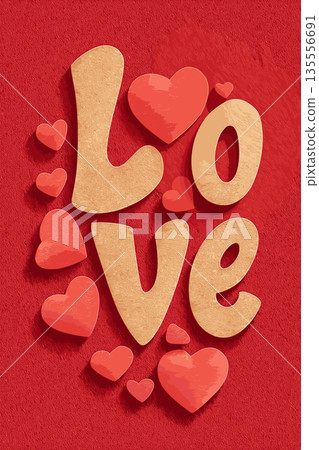 Textured love word with hearts on red background. Textured word love with small hearts creating a festive Valentine's Day or romantic design Textured love word with hearts on red background. Textured word love with small hearts creating a festive Valentine's Day or romantic design 135556691