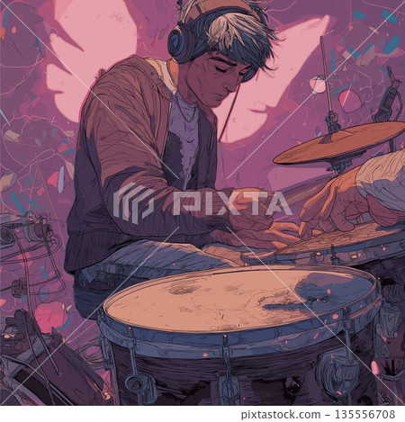 Drummer playing love song on urban rooftop. Drummer performing on a city rooftop at sunset, playing a song about love 135556708