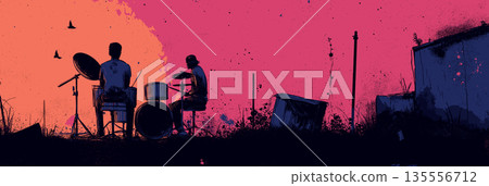 Drummer playing love song on urban rooftop. Drummer performing on a city rooftop at sunset, playing a song about love 135556712