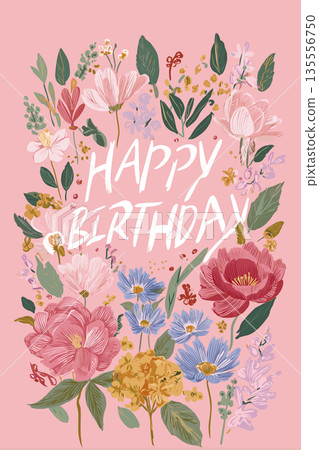 Happy birthday greeting text design with colorful leaves. Happy birthday lettering combining playful design elements and vibrant colors Happy birthday greeting text design with colorful leaves. Happy birthday lettering combining playful design elements and vibrant colors 135556750