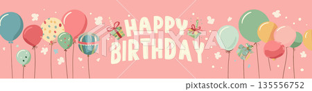 Happy birthday greeting text design with colorful leaves. Happy birthday lettering combining playful design elements and vibrant colors 135556752