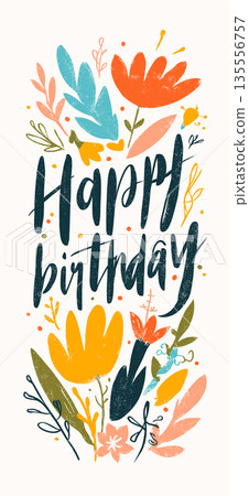 Happy birthday greeting text design with colorful leaves. Happy birthday lettering combining playful design elements and vibrant colors Happy birthday greeting text design with colorful leaves. Happy birthday lettering combining playful design elements and vibrant colors 135556757