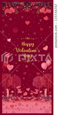 Happy Valentine's Day gold glitter greeting with floral ornament. Gold happy Valentine's Day text on a red background with decorative floral elements 135556787