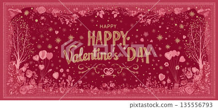 Happy Valentine's Day gold glitter greeting with floral ornament. Gold happy Valentine's Day text on a red background with decorative floral elements 135556793