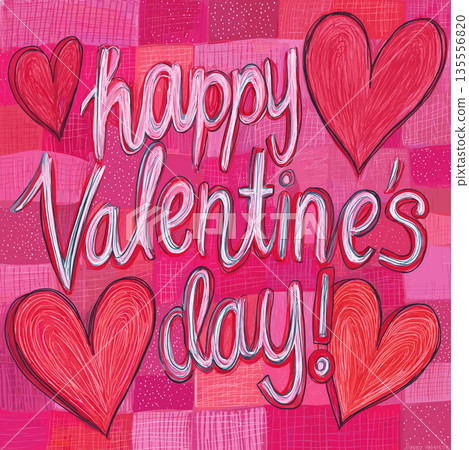 Happy Valentine's Day greeting with vibrant pink hearts. Hand-drawn Happy Valentine's Day text with textured hearts on a plaid background 135556820