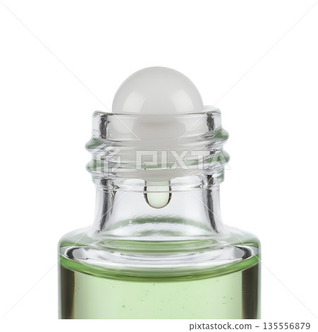 Close-up of a glass roll-on bottle filled with a natural green liquid, isolated on a transparent background. Ideal for essential oils and wellness Close-up of a glass roll-on bottle filled with a natural green liquid, isolated on a transparent background. Ideal for essential oils and wellness 135556879
